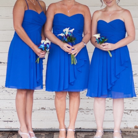 DAVID'S BRIDAL Royal Blue Short Crinkle Chiffon Dress with Front Cascade 10 - Picture 2 of 14